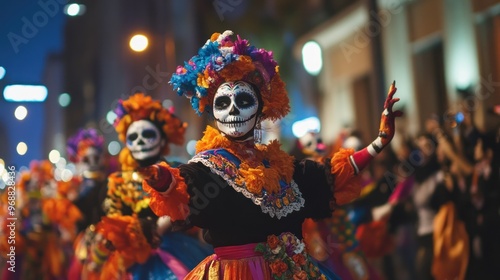 Colorful parade participants celebrating with traditional attire and sugar skull makeup.