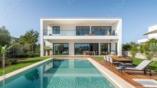 Modern house with pool in Algarve, Portugal, featuring white walls, wooden floor terrace, garden with grass area, and summer terrace with table and chairs.