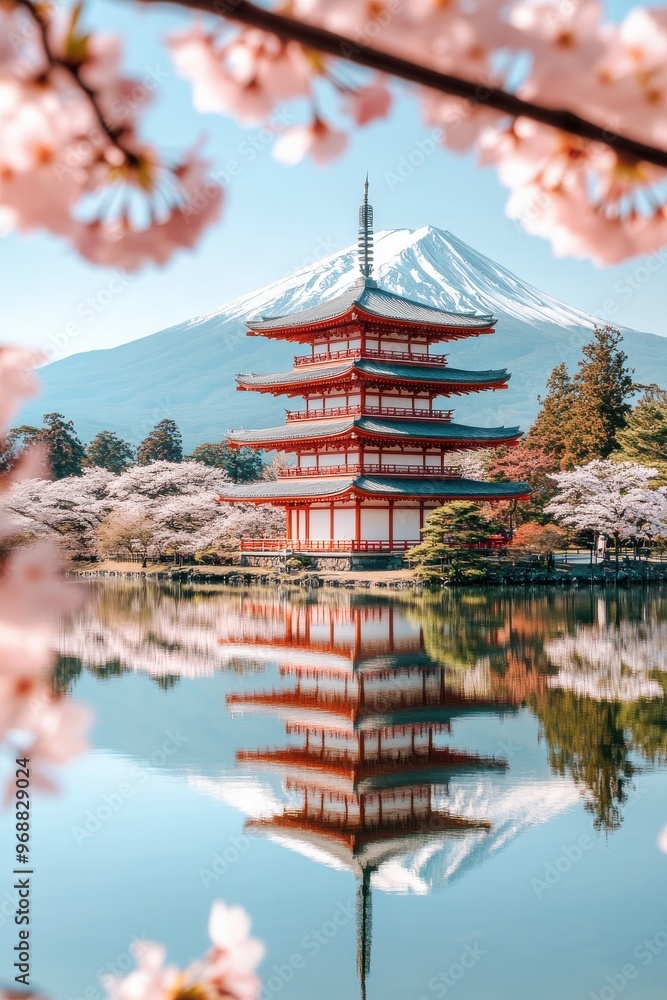 Scenic view of Mount Fuji with Chureito Pagoda and cherry blossoms reflecting in water on a serene spring day Scenic view of Mount Fuji with Chureito Pagoda and cherry blossoms reflecting in water on a serene spring day