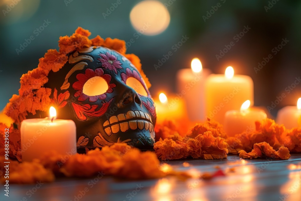 A colorful skull surrounded by marigolds and candles, symbolizing D?a de los Muertos. A colorful skull surrounded by marigolds and candles, symbolizing D?a de los Muertos.