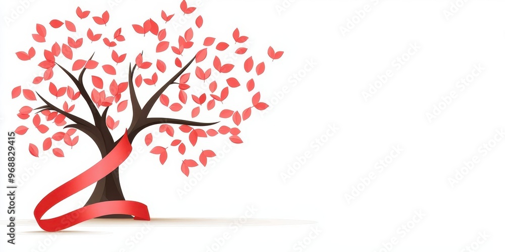 Silhouette of a tree with red ribbon-shaped leaves, symbolizing growth and hope in the fight against HIV, World AIDS Day Silhouette of a tree with red ribbon-shaped leaves, symbolizing growth and hope in the fight against HIV, World AIDS Day