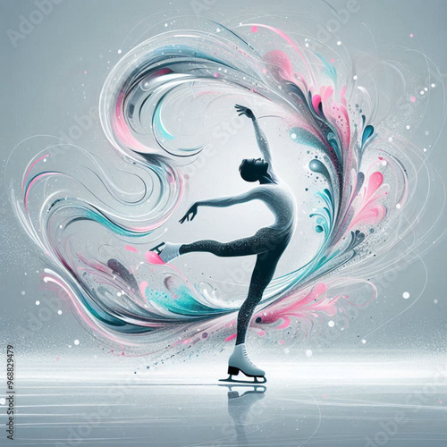 Dynamic figure skaters with swirling abstract colors and artistic effects