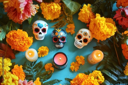 Colorful D?a de los Muertos altar with skulls, marigolds, and candles.