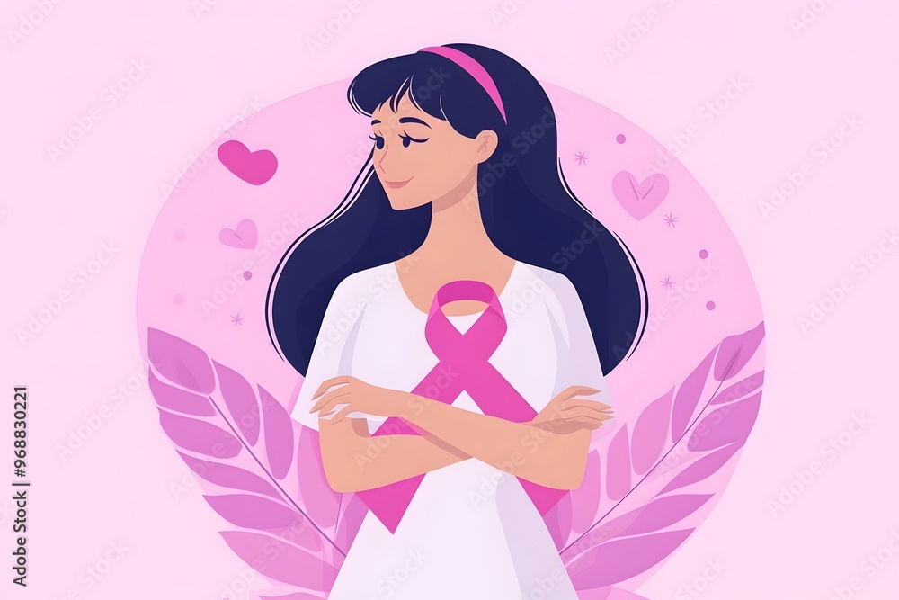 Woman in Pink Ribbon Attending Breast Cancer Awareness Event with Flat Style Design Woman in Pink Ribbon Attending Breast Cancer Awareness Event with Flat Style Design