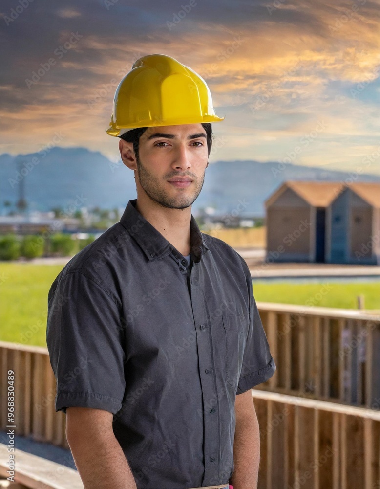 Construction Worker Wearing Hard Hat on Job Site with Full Depth of Fields Construction Worker Wearing Hard Hat on Job Site with Full Depth of Fields