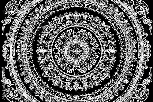 Intricate black and white mandala design featuring detailed floral patterns and circular motifs for decorative use.