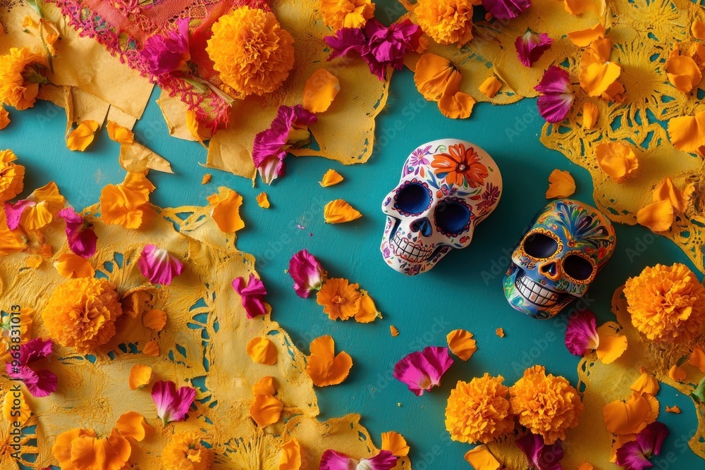 Fototapeta premium Colorful Day of the Dead decorations with sugar skulls and marigold flowers on a vibrant background.
