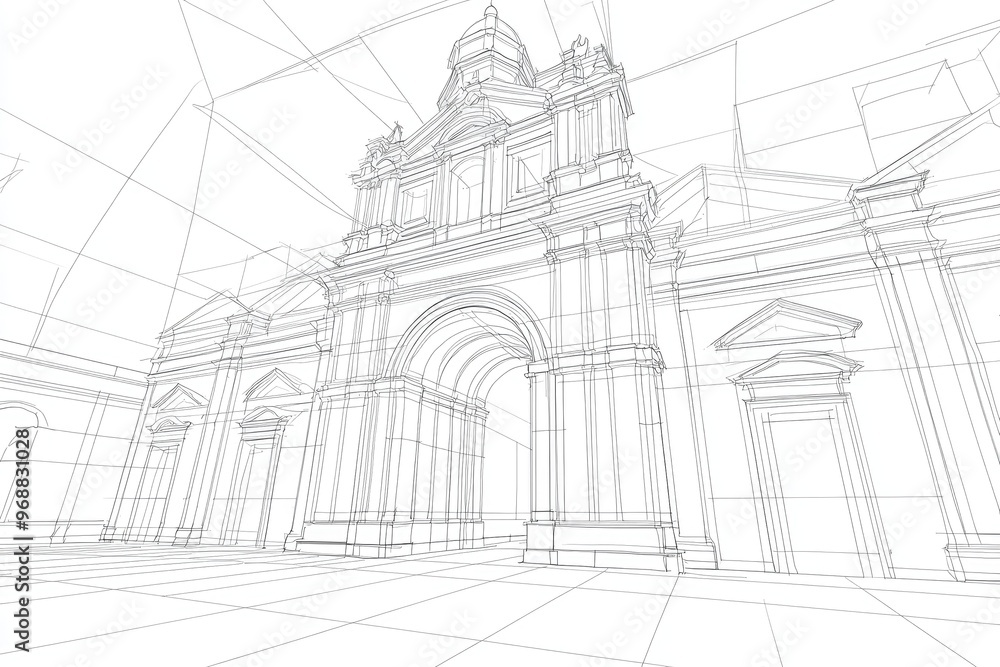 Fototapeta premium A detailed architectural illustration showcasing a grand archway in a minimalist linear style.