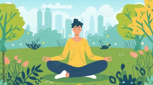 Wallpaper Mural A serene illustration of a person meditating in a vibrant green park with city skyline in the background, showcasing peace and tranquility. Torontodigital.ca