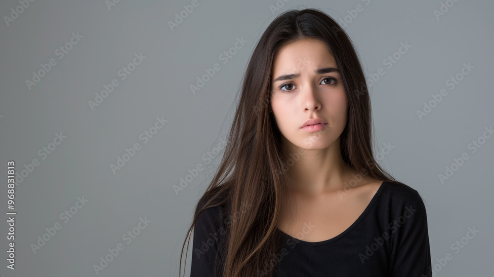 Portrait of a sad or unhappy or upset woman isolated on gray background Portrait of a sad or unhappy or upset woman isolated on gray background