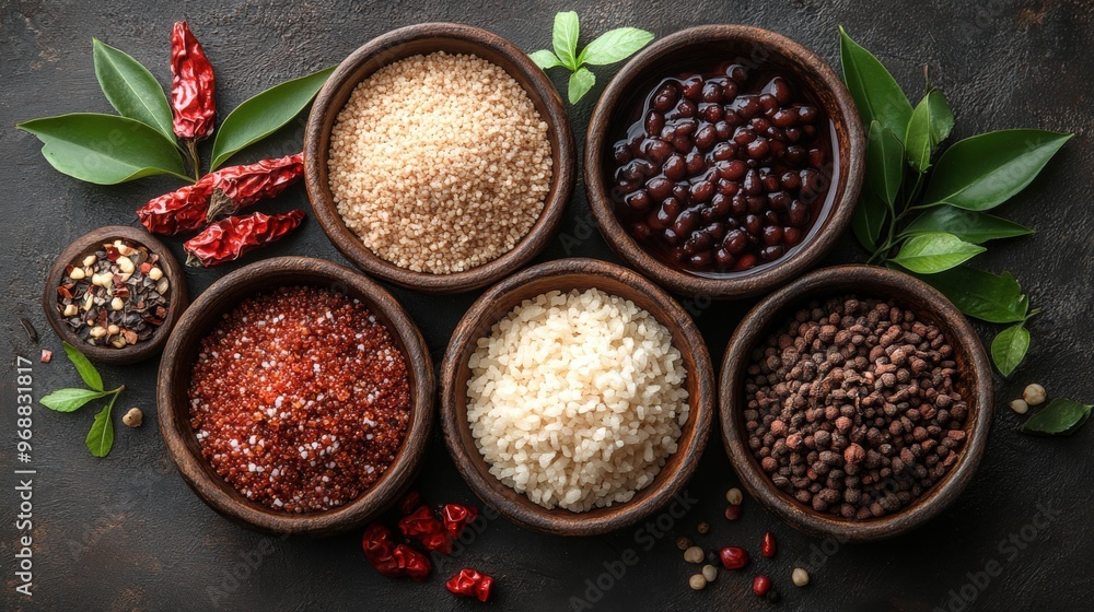 A vibrant mix of spices and grains artfully displayed in natural light A vibrant mix of spices and grains artfully displayed in natural light