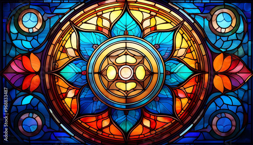 Vitrail circulaire aux couleurs vives et motifs floraux. Rosace géométrique de vitraux colorés