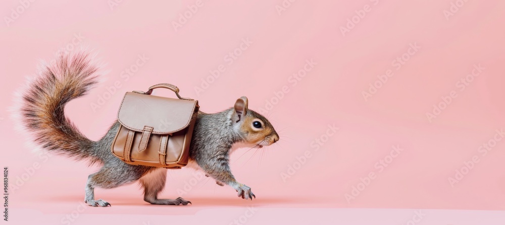 Naklejka premium Adorable Gray Squirrel Carrying Tiny Brown Backpack Against Pink Background, Copy Space Right