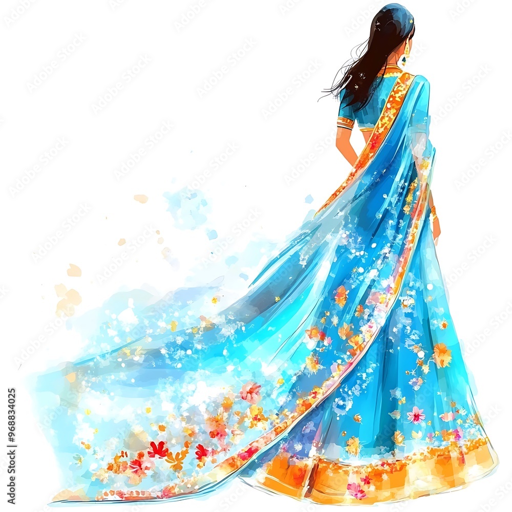 Watercolor Illustration of a Woman in a Beautiful Blue Sari. Watercolor Illustration of a Woman in a Beautiful Blue Sari.