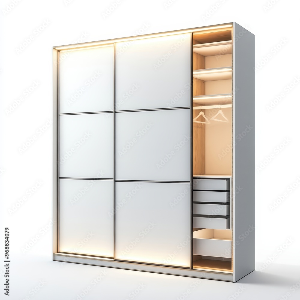 Modern wardrobe with sliding doors and interior shelving for organized storage. Modern wardrobe with sliding doors and interior shelving for organized storage.
