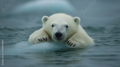 Climate crisis, polar bear stranded on a shrinking ice floe.