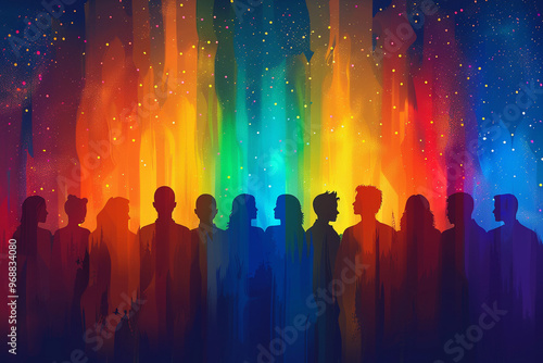 Illustration of diversity in Society concept. Silhouettes of people on rainbow LGBT background symbol LGBTQ. Concept rights, support. International Day Against Homophobia Biphobia Transphobia AI photo