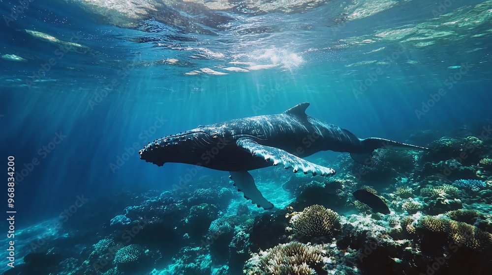 Naklejka premium A humpback whale swims through the clear blue water above a coral reef with sunlight shining through the surface.
