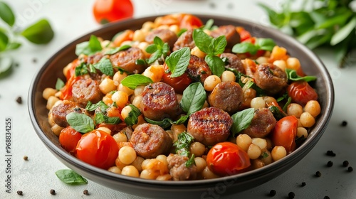 Fregola with sausage and tomato. photo