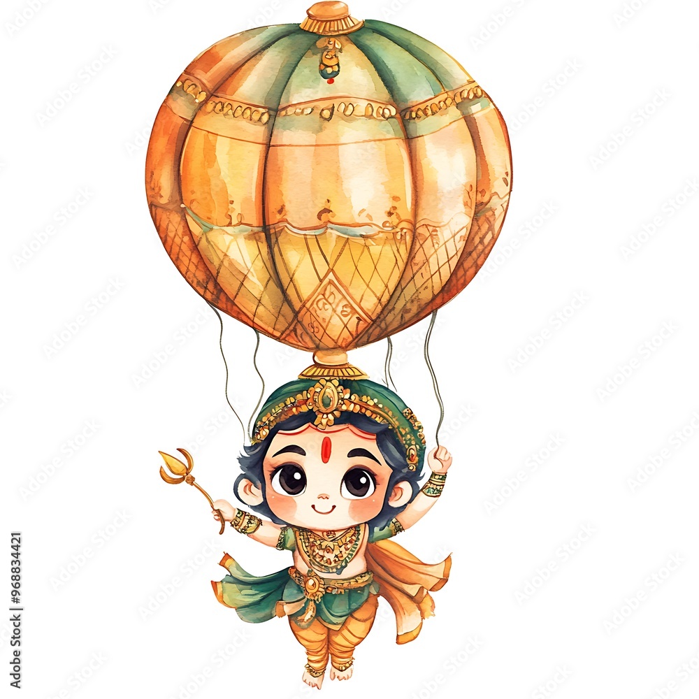 Obraz premium Cute Illustration of Hindu God Flying in a Hot Air Balloon.
