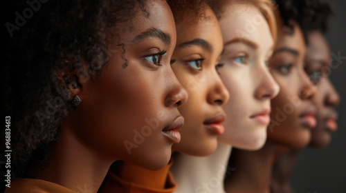 A line of women with varying skin tones and hairstyles stands together, highlighting diversity and beauty in a studio environment.