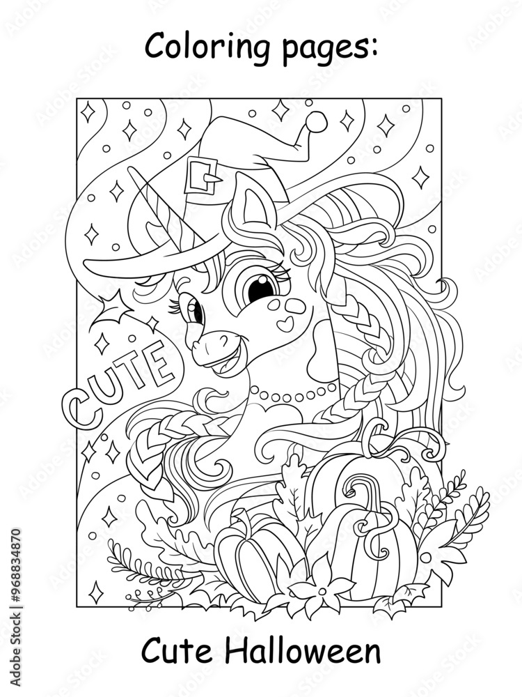 Obraz premium Halloween coloring beautiful unicorn and lettering vector