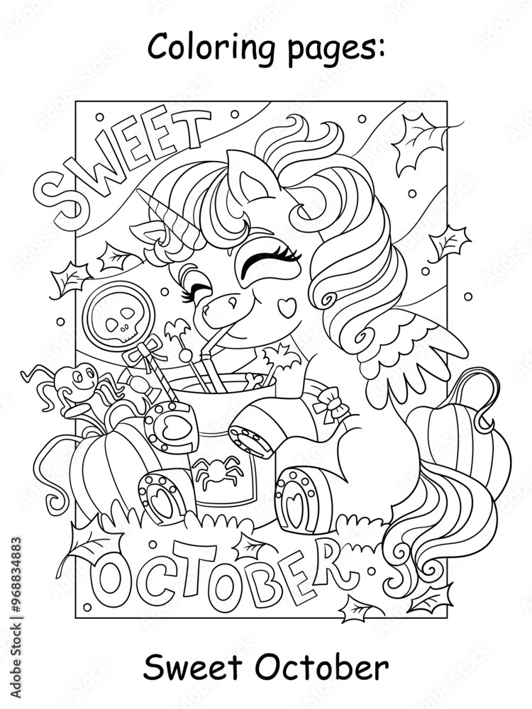 Fototapeta premium Halloween coloring unicorn baby and lettering vector illustration
