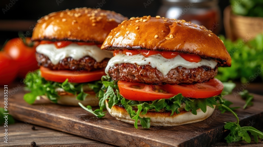 Two hamburgers on a wooden cutting board with tomatoes and lettuce, AI Two hamburgers on a wooden cutting board with tomatoes and lettuce, AI