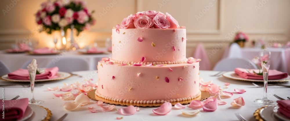 Elegant two tier pink wedding cake adorned with roses and petals, set in a beautifully decorated dining area for special celebrations Elegant two tier pink wedding cake adorned with roses and petals, set in a beautifully decorated dining area for special celebrations