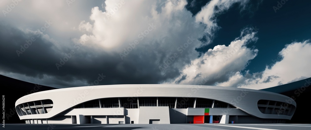 Fototapeta premium Modern stadium architecture under dramatic clouds, showcasing design for sports events, gatherings, and community activities