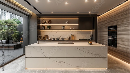 Wallpaper Mural Kitchen cabinet, design is simple and elegant, The base cabinets use beige textured tiles combined with transparent glass. Generative AI. Torontodigital.ca