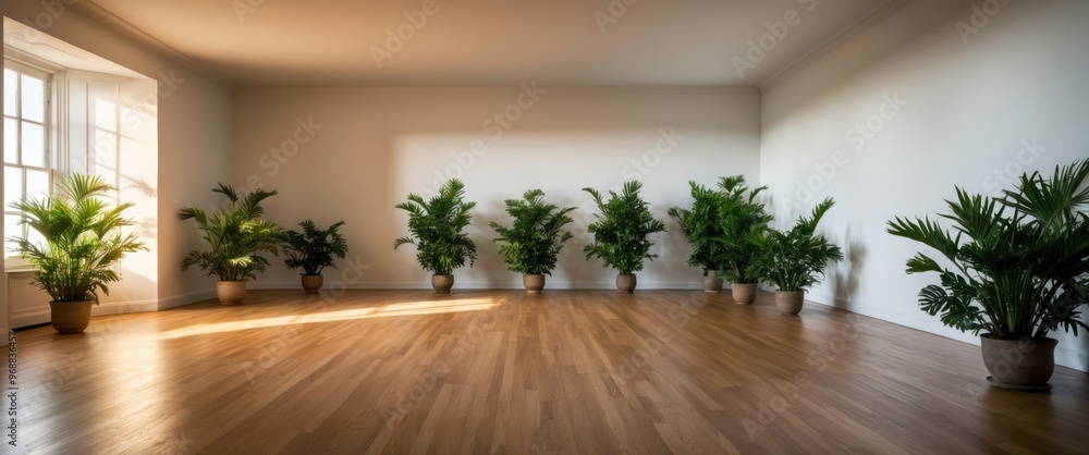 Spacious, sunlit room featuring lush green plants in pots, promoting tranquility and enhancing aesthetic appeal for a calming environment Spacious, sunlit room featuring lush green plants in pots, promoting tranquility and enhancing aesthetic appeal for a calming environment