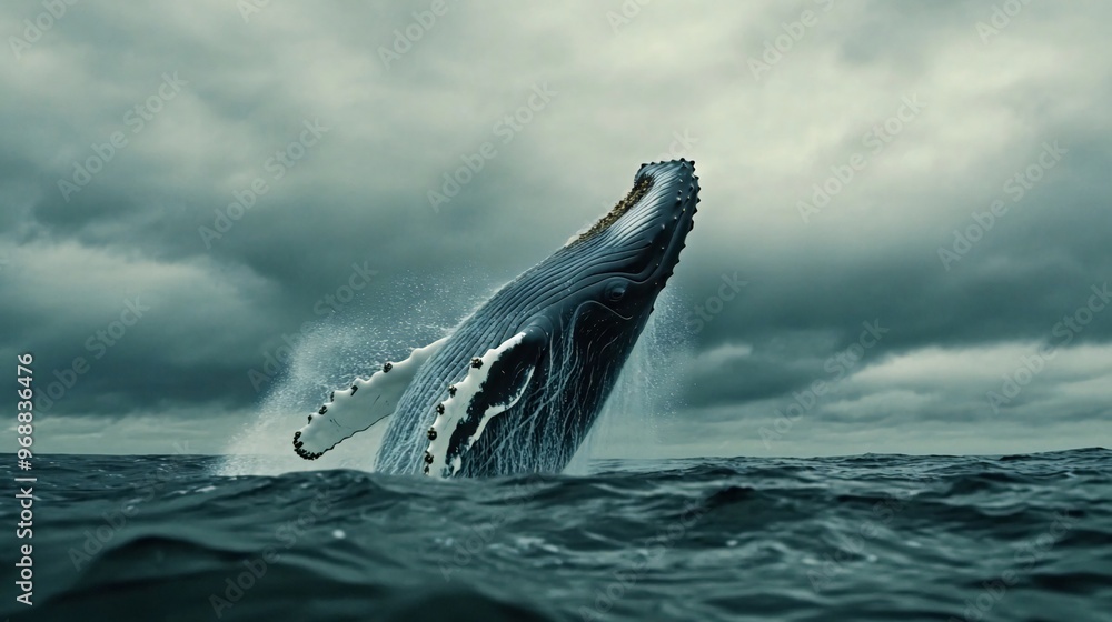 Fototapeta premium A humpback whale leaps out of the water against a backdrop of stormy clouds.