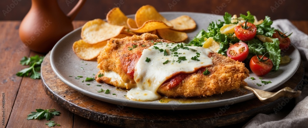 Crispy chicken with savory sauce served on a plate alongside fresh salad and potato chips, creating an inviting and delicious meal presentation Crispy chicken with savory sauce served on a plate alongside fresh salad and potato chips, creating an inviting and delicious meal presentation