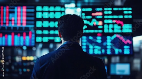 Man in Suit Silhouetted Against Financial Data Screens