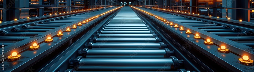 A close-up view of a modern railway track illuminated by lights, showcasing metallic details and a sleek, industrial aesthetic. A close-up view of a modern railway track illuminated by lights, showcasing metallic details and a sleek, industrial aesthetic.