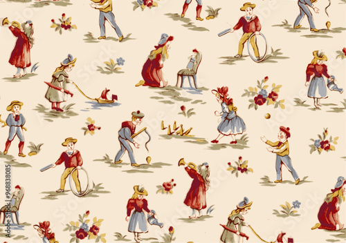 Vintage-style pattern featuring children playing with toys and engaging in outdoor activities on a cream background with floral accents.