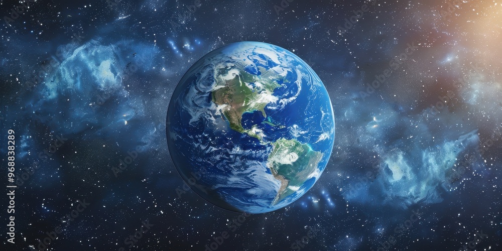 Naklejka premium Earth viewed from space highlighting continents, oceans, and atmospheric features against a backdrop of stars and cosmic clouds