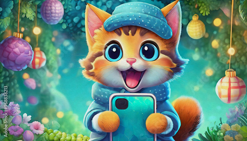  oil painting style CARTOON CHARACTER CUTE baby surprised Ginger cat with open mouth holding a smartphone 
