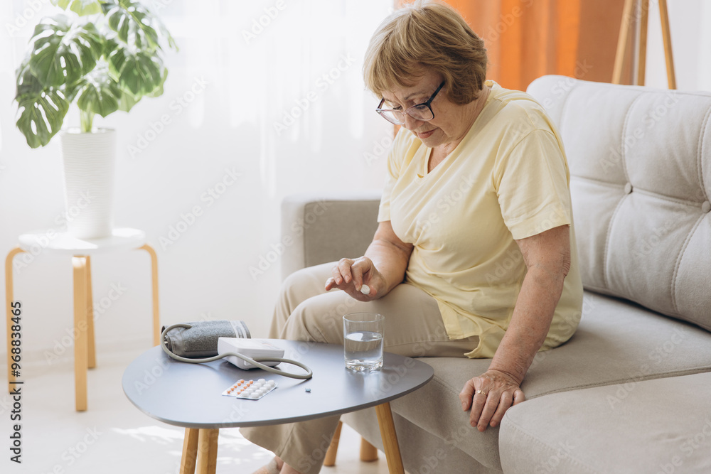 An elderly woman with high blood pressure wants to drink a pill dissolved in a glass of water at home An elderly woman with high blood pressure wants to drink a pill dissolved in a glass of water at home