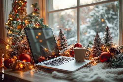 Laptop and Coffee Cup in a Christmas-Themed Home Office photo