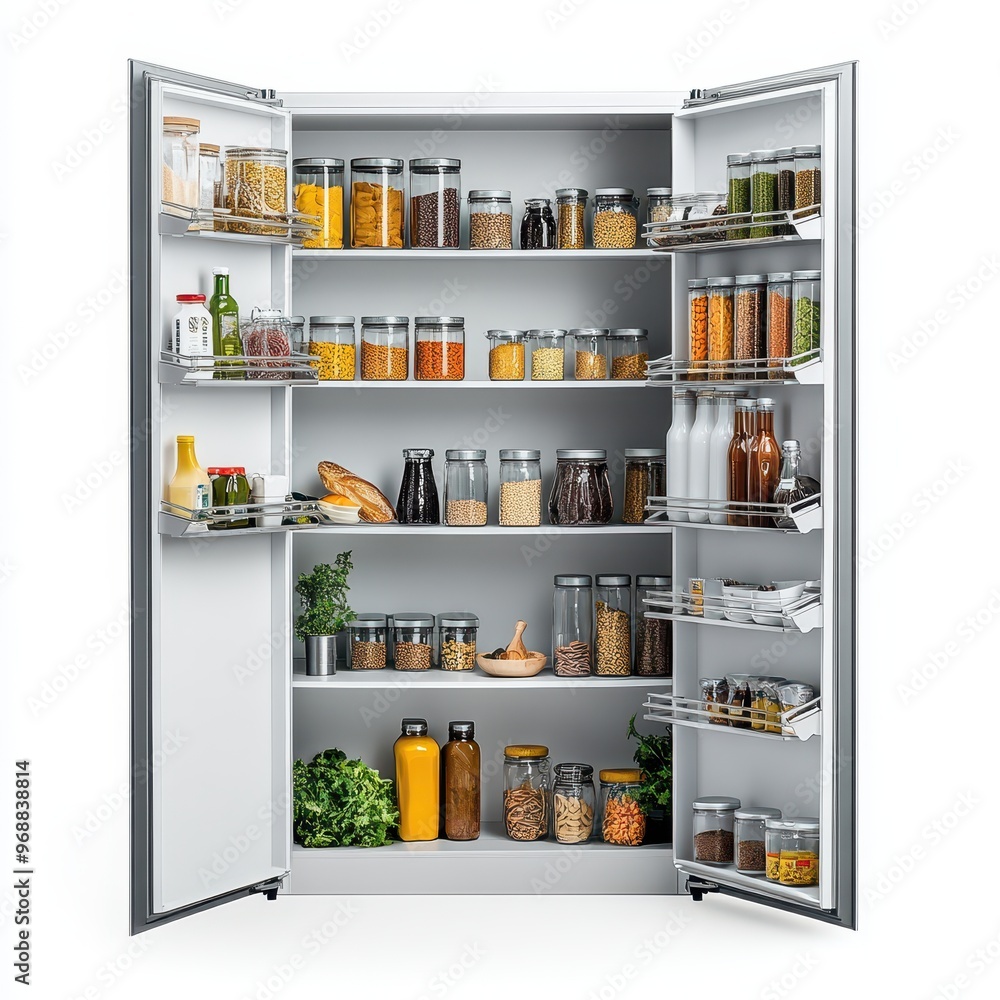 Organized refrigerator filled with jars, bottles, and fresh ingredients for meal preparation. Organized refrigerator filled with jars, bottles, and fresh ingredients for meal preparation.