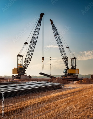 Cranes Lifting Steel Beams at Construction Site with Full Depth of Fields