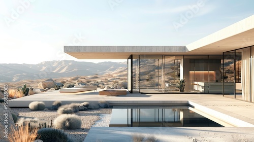 A modern desert home with expansive windows overlooking the landscape. Generative AI.