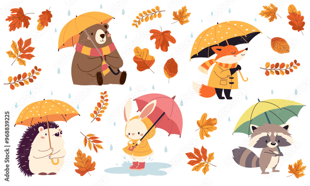 Set of flat vector illustrations in children's style. Cute animals in raincoats and with umbrellas. Hedgehog fox bear raccoon hare in the rain, fall leaves. Vector illustration Set of flat vector illustrations in children's style. Cute animals in raincoats and with umbrellas. Hedgehog fox bear raccoon hare in the rain, fall leaves. Vector illustration