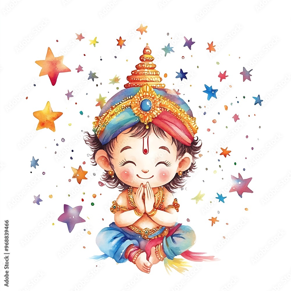 Watercolor Illustration of a Smiling Hindu Deity with Stars and Confetti. Watercolor Illustration of a Smiling Hindu Deity with Stars and Confetti.