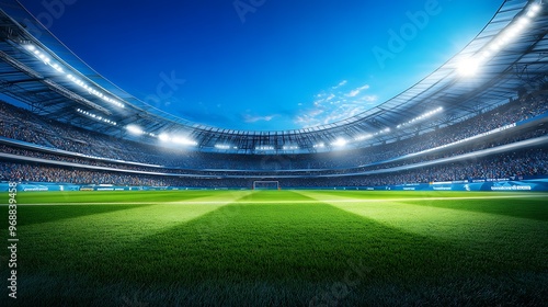 Modern football stadium under open blue sky, lights illuminating the green field, with stands full of cheering fans