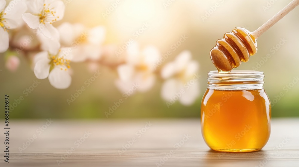A jar of honey with a wooden stick in it, AI A jar of honey with a wooden stick in it, AI