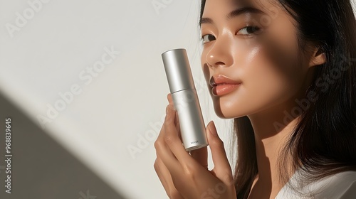 Portrait of a thoughtful Asian female model holding a skincare product,with a serene and peaceful expression. The image showcases the importance of a natural.