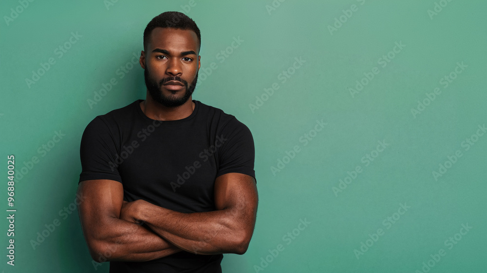Serious man in a black t-shirt crossing his arms while standing against a green background Serious man in a black t-shirt crossing his arms while standing against a green background